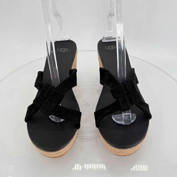 UGG Niyomee Espadrille Wedge Sandal Women's Size 10 Black Suede Leather Slide - Picture 10 of 14